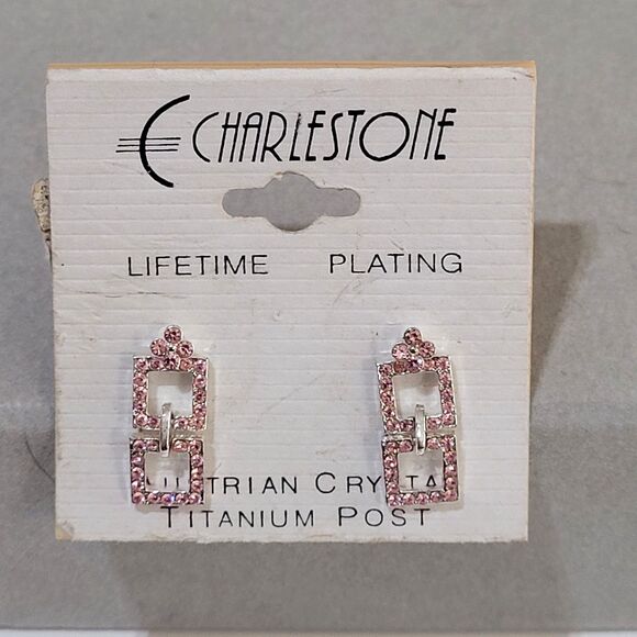 Vintage Charlestone Silver Tone Pink Austrian Crystal Titanium Post Earrings - Picture 1 of 9